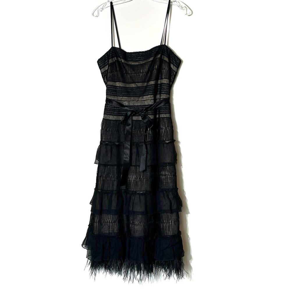 BCBGMaxAzria Black Sheer Tiered Midi Dress with Feather Hem